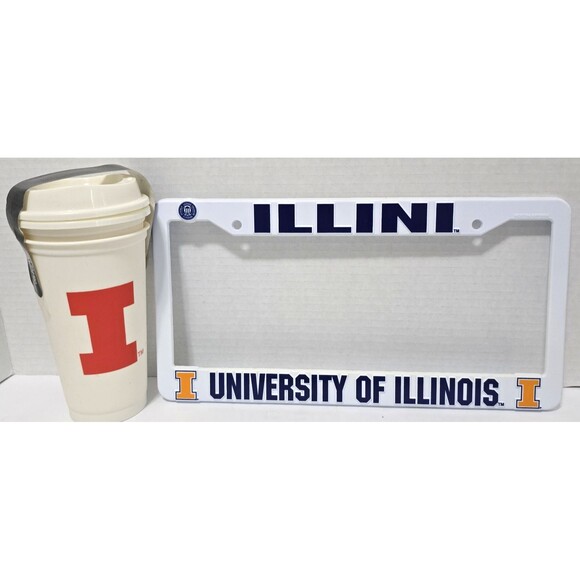 NCAA 16 oz Travel Coffee Cups & License Plate Frame Illinois Fighting Illini - Picture 1 of 1